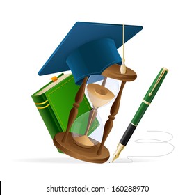 Student hat with book, sand clock and pen