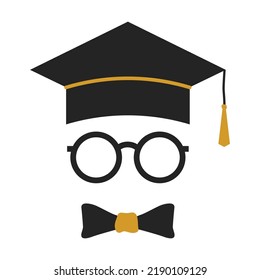 Student hat with glasses flat icon. Graduating funny stickers, school party props, speech bubbles vector illustration. Modern photo design and decoration concept