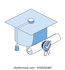 Student Hat, Graduate Certificate Scroll, Medal. Vector 3d line isometric, web icons, blue color. Creative design idea for infographics.