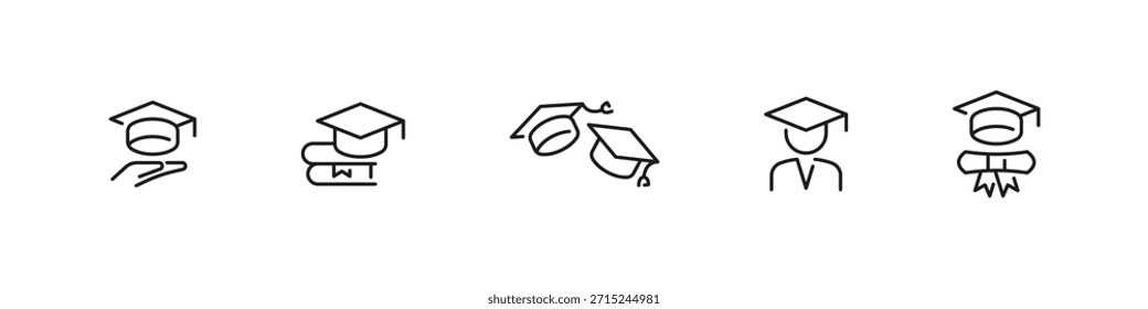 Conjunto de ícone de contorno de vetor de graduação Student hat. Educação, cerimônia e coleção de celebração acadêmica.