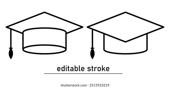 Ícone do chapéu de estudante. Traçado editável. Formado em universidade. Crachá de educação. Silhueta de boné de estudante. Diploma de licenciatura