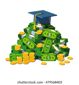 Student hat - mortar board lying on a big pile of money. Metaphor for price and benefits of high education. Flat style modern vector illustration isolated on white background.