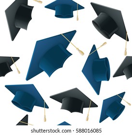 Student Hat Pattern Background on a Light Academic Caps Symbol Finish Education. Vector illustration