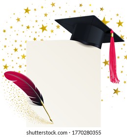 student hat with a red tassel and a diploma on a background of a swirl of gold stars