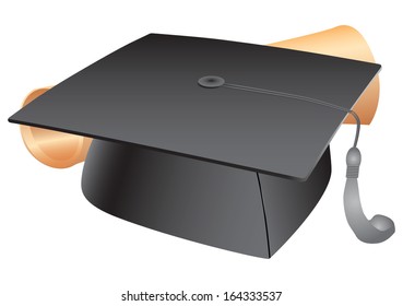 Student hat with a tassel and diploma. Vector illustration.