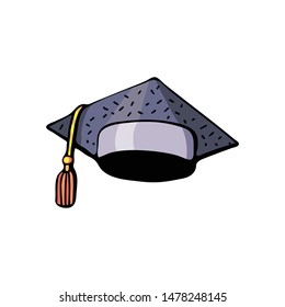 Student hat, vector drawing, isolated on white background. Cartoon Doodle of cute, colorful illustrations. Funny works of art. Hand-drawn sketch. Logo design, symbol, emblem, sticker.