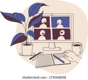 A student having classes online in front of the desktop computer. The elearning conference app with the teacher is open, notebook, coffee and pens on the table. Flat style vector cartoon simple image