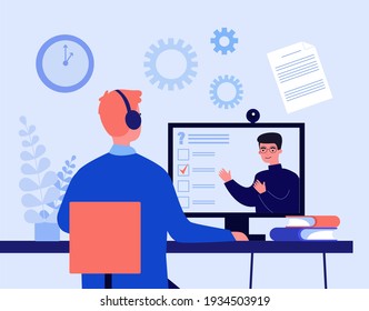 Student having online course during pandemic. Video call, conference, business. Flat vector illustration. Technology, communication concept for banner, website design or landing web page