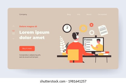 Student having online course during pandemic. Video call, conference, business. Flat vector illustration. Technology, communication concept for banner, website design or landing web page