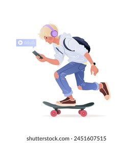 Student in headphones riding a skateboard and using his smartphone. Male character is holding a mobile phone in his hand and listening voice messages. isolated vector illustration on white background.