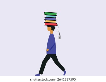 Student with heavy books burden over head, balancing study illustration 