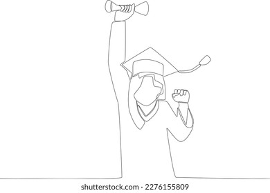 A student held up a certificate while clenching one fist. Graduation one-line drawing