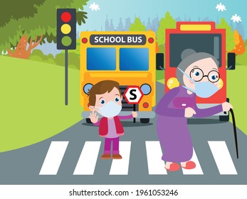 Student helps elderly cross the road cartoon 2d vector concept for banner, website, illustration, landing page, flyer, etc.