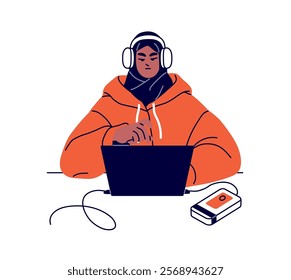 Student in hijab learning, studies with laptop on desk. Muslim does homework, typing in computer, listen to music with headphones. Online education. Flat isolated contour vector illustration on white