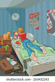 Student in his room who spends his spare time at the computer. Concept illustration of the problem adolescents computer and Internet addiction. The teenager gamer plays on the computer.