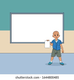 Estudiante sostiene papel en el vector de dibujo manual del aula