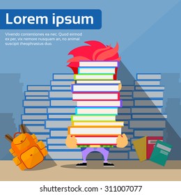 Student Hold Pile Books Hide Head, School Boy Education Concept University Exam Stack Library Reading Flat Vector Illustration