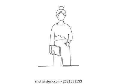 A student holding a book. Back to school one-line drawing