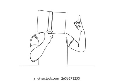 Student holding book and pointing finger up in continuous line drawing style