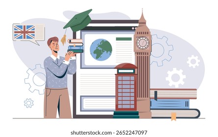 A student holding books near iconic UK symbols like Big Ben and a red phone booth, with educational elements and British flag on white background. Concept of studying in the UK. Vector illustration