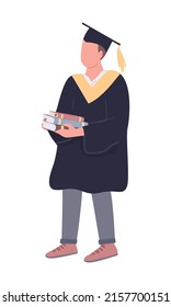 Student holding books semi flat color vector character. Standing figure. Full body person on white. Graduate in academic dress simple cartoon style illustration for web graphic design and animation