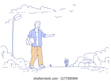 student holding folder standing urban city park wooden bench street lamp pointing hand something horizontal male cartoon character sketch doodle vector illustration