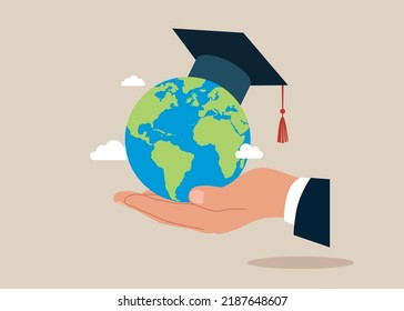 Student holding globe shape wearing academic mortarboard hat. Study abroad world education curriculum, overseas school, college and university. 