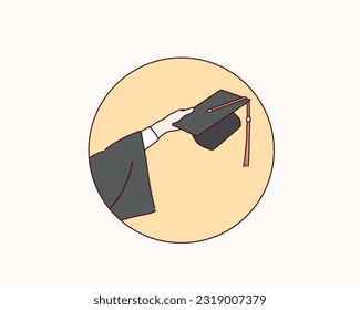 Student holding her graduation cap. Hand drawn style vector design illustrations.