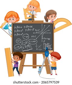 Student holding math tools and math formula on blackboard illustration