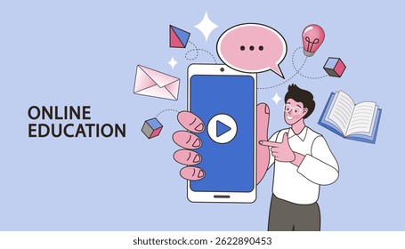 student holding mobile. Webinar and online education. Distance learning, recorded classes, video tutorial metaphors. online educational. Home education, remote university graduation. Vector flat EP10.