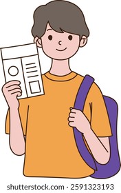 The student holding the pass document is smiling with joy. minimal line art vector illustration.