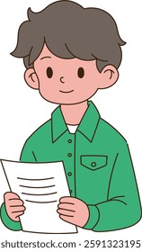 The student holding the pass document is smiling with joy. minimal line art vector illustration.