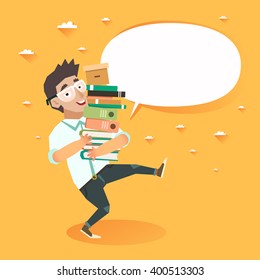 Student holding pile of books. Colorful vector illustration in flat style with bubble for your text.