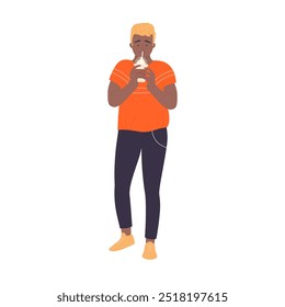 Student holding plastic cup with coffee cold cocktail to drink while walking vector illustration