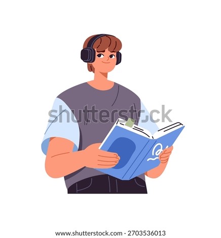 Student is holding, reading textbook and listening to audiobook by headphones. Happy person with headset studies learning educational book. Flat isolated vector illustration on white background