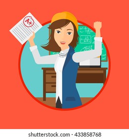 Student holding a sheet with the highest mark. Student showing test with A grade in the classroom. Student received best mark. Vector flat design illustration in the circle isolated on background.