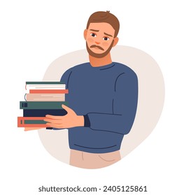 The student is holding a stack of books. Bookcrossing concept. Flat vector illustration.