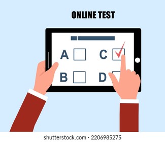 Student Holding Tablet And Give Online Test. Multiple Choice Question, Questionnaire Form, Online Education, Survey. Vector Illustration.