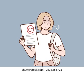 A student holding a test paper with a C- grade. Hand drawn style vector design illustrations.