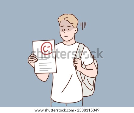 A student holding a test paper with a C- grade. Hand drawn style vector design illustrations.