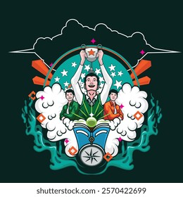 Student holding a trophy with clouds and achievement book poster