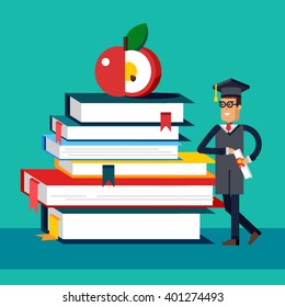 Student Holds Diploma in hand standing near stack of big books and throphy cup. Vector flat style illustration. Education Graduation concept. 