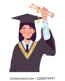 student holds a diploma over white