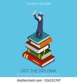 Student Holds Diploma in raised Hand standing on stack of big Books vector flat isometric style illustration. Education Graduation concept. Flat world collection.