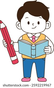 The student holds a large pencil in one hand and a large book in one hand. minimal line art vector illustration. 