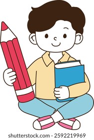 The student holds a large pencil in one hand and a large book in one hand. minimal line art vector illustration. 