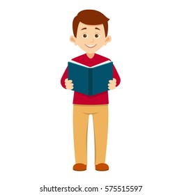 the student holds an open book in his hands.boy stands right with book in hand, smiling, school concept, vector illustration with layers isolated on white background.reading boy