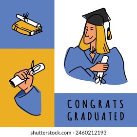 The student holds a scroll tied with a ribbon. Flat vector illustration in cartoon style. A graduate in ceremonial attire winks. A set of elements for banner and postcard design. Closed book