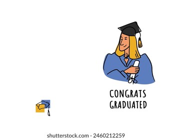 The student holds a scroll tied with a ribbon. Flat vector illustration in cartoon style. A graduate in ceremonial attire winks. Postcard template. Closed book