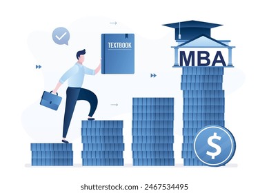 El estudiante sostiene un libro de texto y sube la escalera del dinero. MBA, pago por educación empresarial. Inversión en educación. Tarifas de matrícula, préstamo financiero para estudio. La mano da sombrero de graduación. Ilustración vectorial